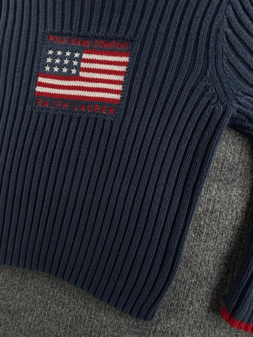 Ralph Lauren Boat Neck Ribbed USA Flag Polo Jeans Company Sweater Blue Logo XL - Picture 4 of 15